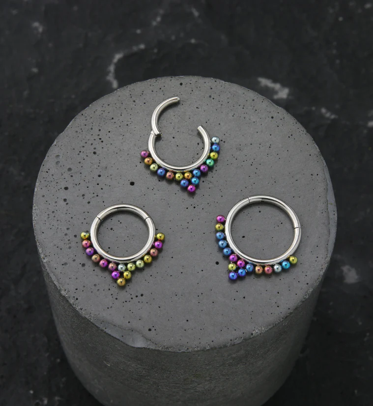 Point Rainbow Anodized Bead Titanium Hinged Segment Ring - Mrs Treak