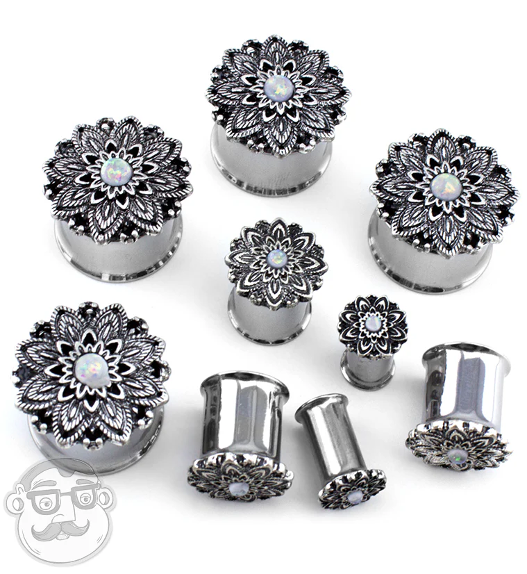 Silver Mandala Flower With Opalite Inlay Steel Plugs - Mrs Treak