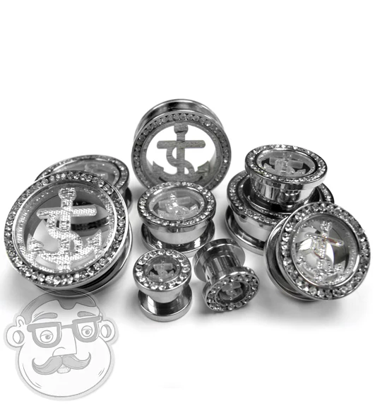 Clear Anchor With CZ Diamond Rim Tunnel Plugs - Mrs Treak