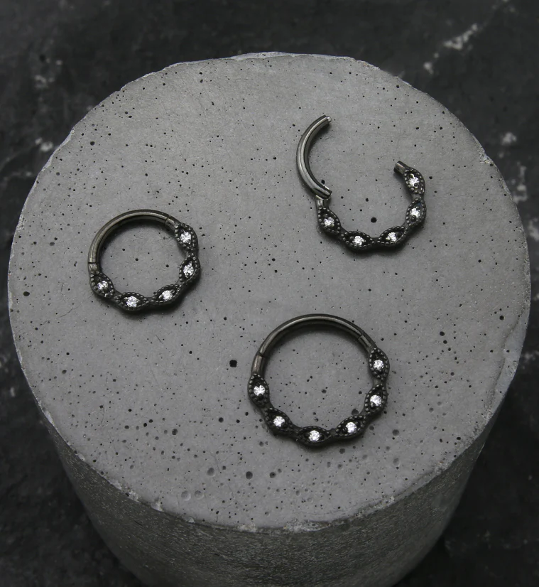 Black PVD Twist Beaded Clear CZ Stainless Steel Hinged Segment Ring - Mrs Treak