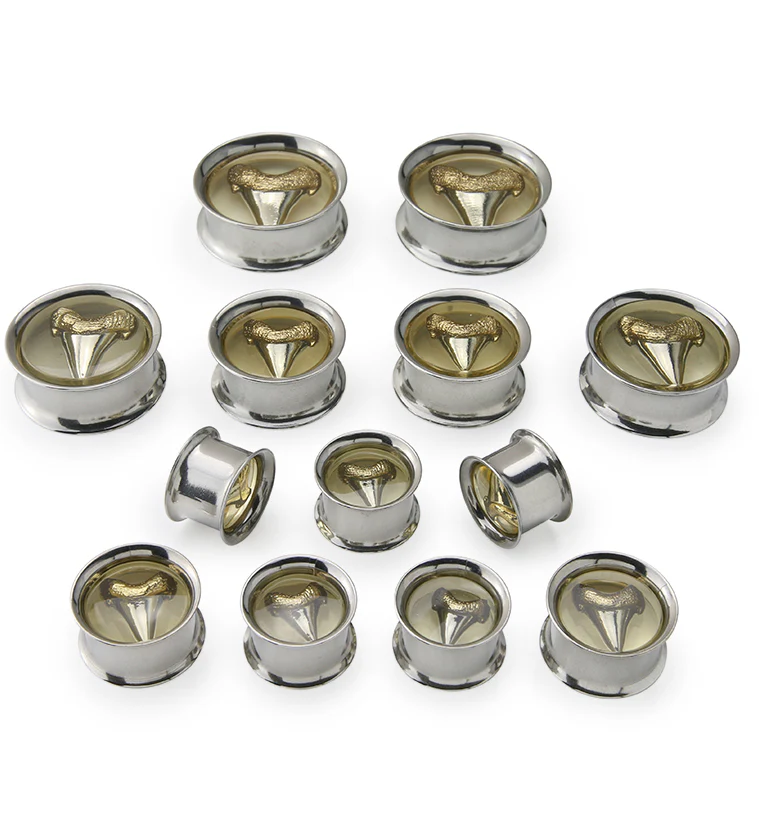Bronzed Shark Tooth Stainless Steel Tunnel Plugs - Mrs Treak