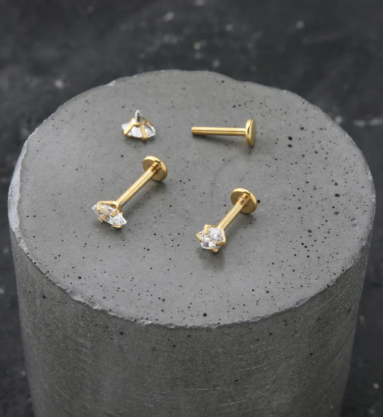 Gold PVD Clear Prong Oval CZ Stainless Steel Internally Threaded Labret - Mrs Treak