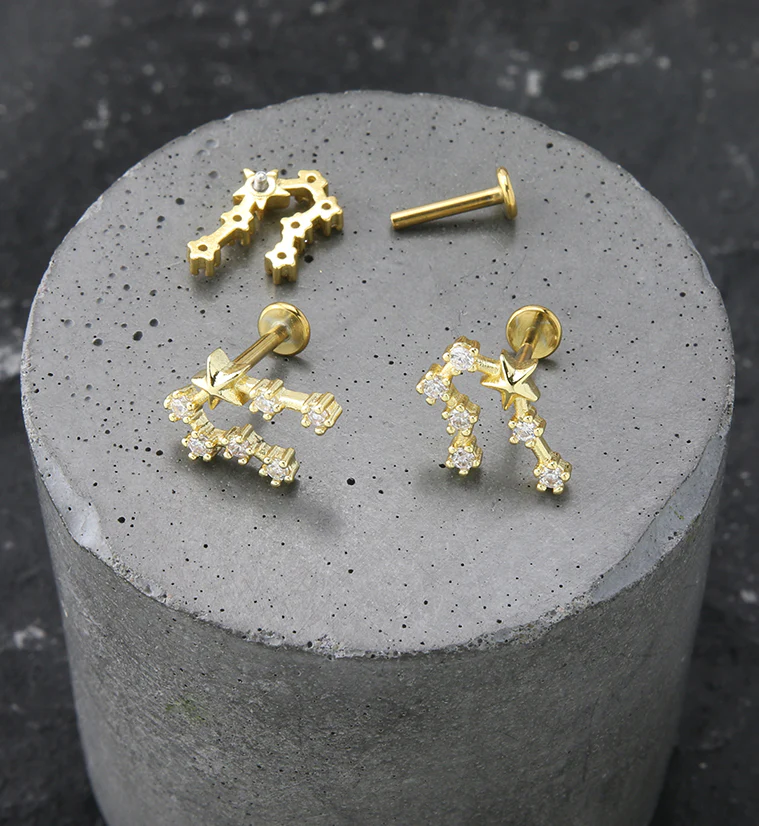 Gold PVD Cancer Constellation Clear CZ Stainless Steel Internally Threaded Labret - Mrs Treak