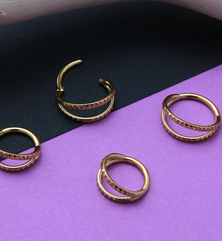 Gold PVD Double Polyhedra Edge Hinged Segment Ring - Mrs Treak