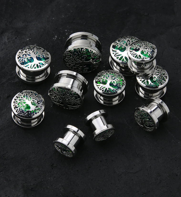 Tree Of Life Green Opalite Stainless Steel Screw Back Tunnel Plugs - Mrs Treak