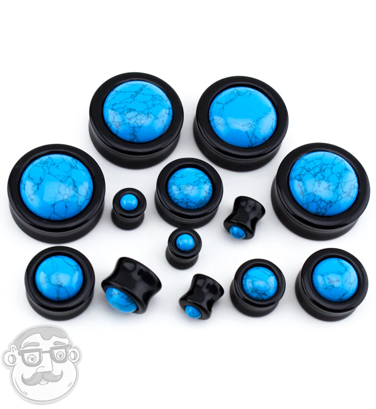 Obsidian Stone Plugs with Turquoise Howlite Stone Inlay - Mrs Treak