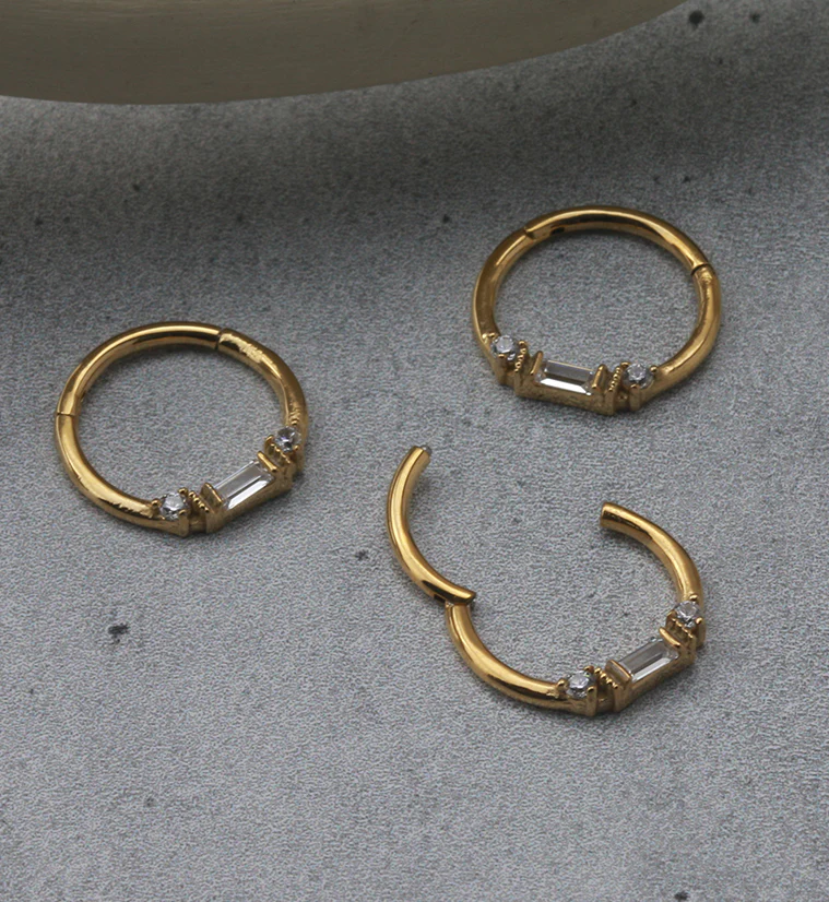 Gold PVD Round & Baguette CZ Beaded Hinged Segment Ring - Mrs Treak