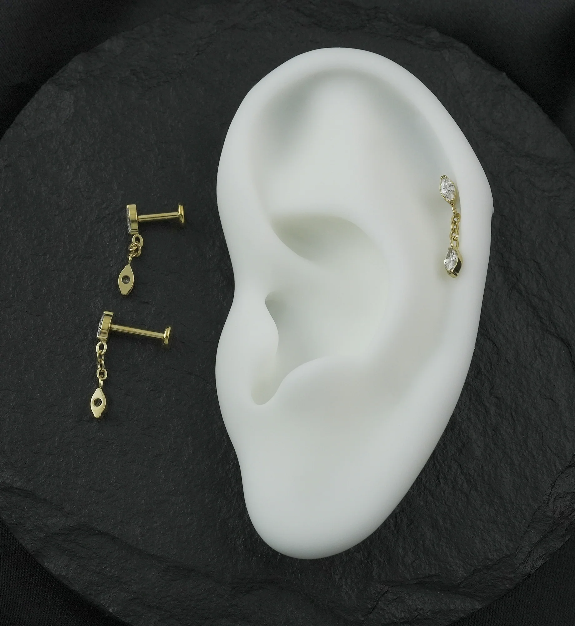 Gold PVD Teardrop Chain Link Dangle Clear CZ Internally Threaded Titanium Labret - Mrs Treak