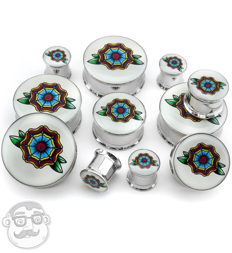 Traditional Flower Tattoo Steel Plugs - Mrs Treak