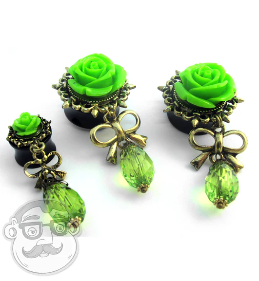 Green Rosebud Dangle Plugs - Mrs Treak