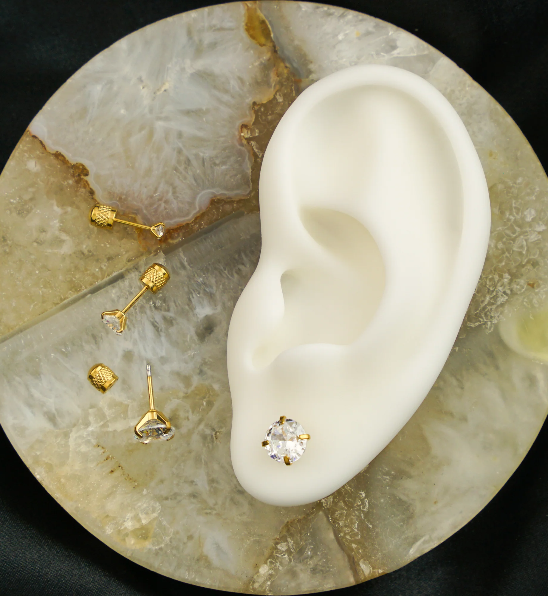 Gold PVD Prong Clear CZ Stainless Steel Textured Cylinder Back Stud Earrings - Mrs Treak