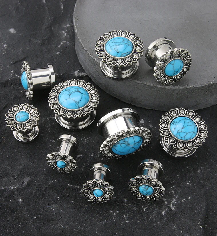 Lotus Flower Howlite Turquoise Stainless Steel Tunnel Plugs - Mrs Treak