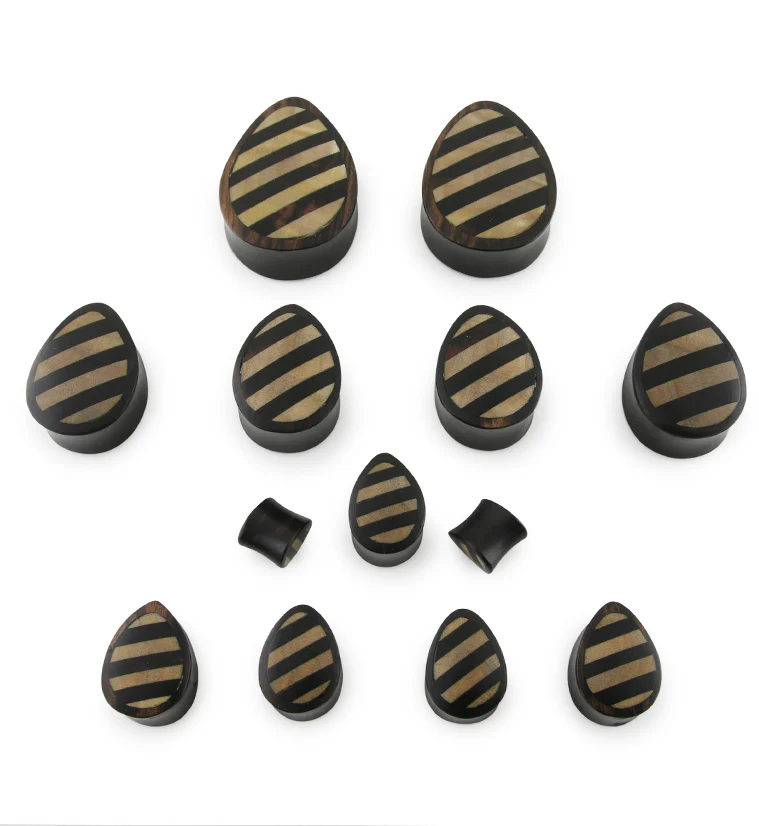 Areng Wooden Teardrop Plugs With Striped Inlay - Mrs Treak