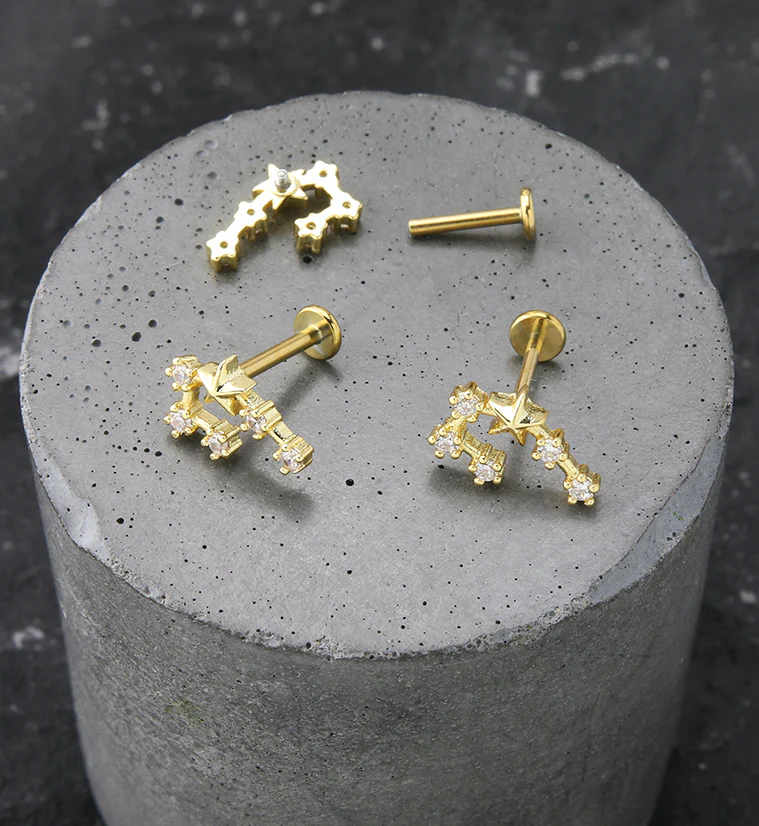 Gold PVD Gemini Constellation Clear CZ Stainless Steel Internally Threaded Labret - Mrs Treak