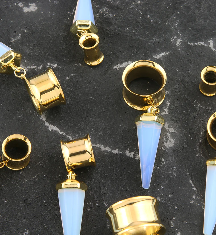 Gold PVD White Opalite Cone Crystal Dangle Stainless Steel Tunnel Plugs - Mrs Treak