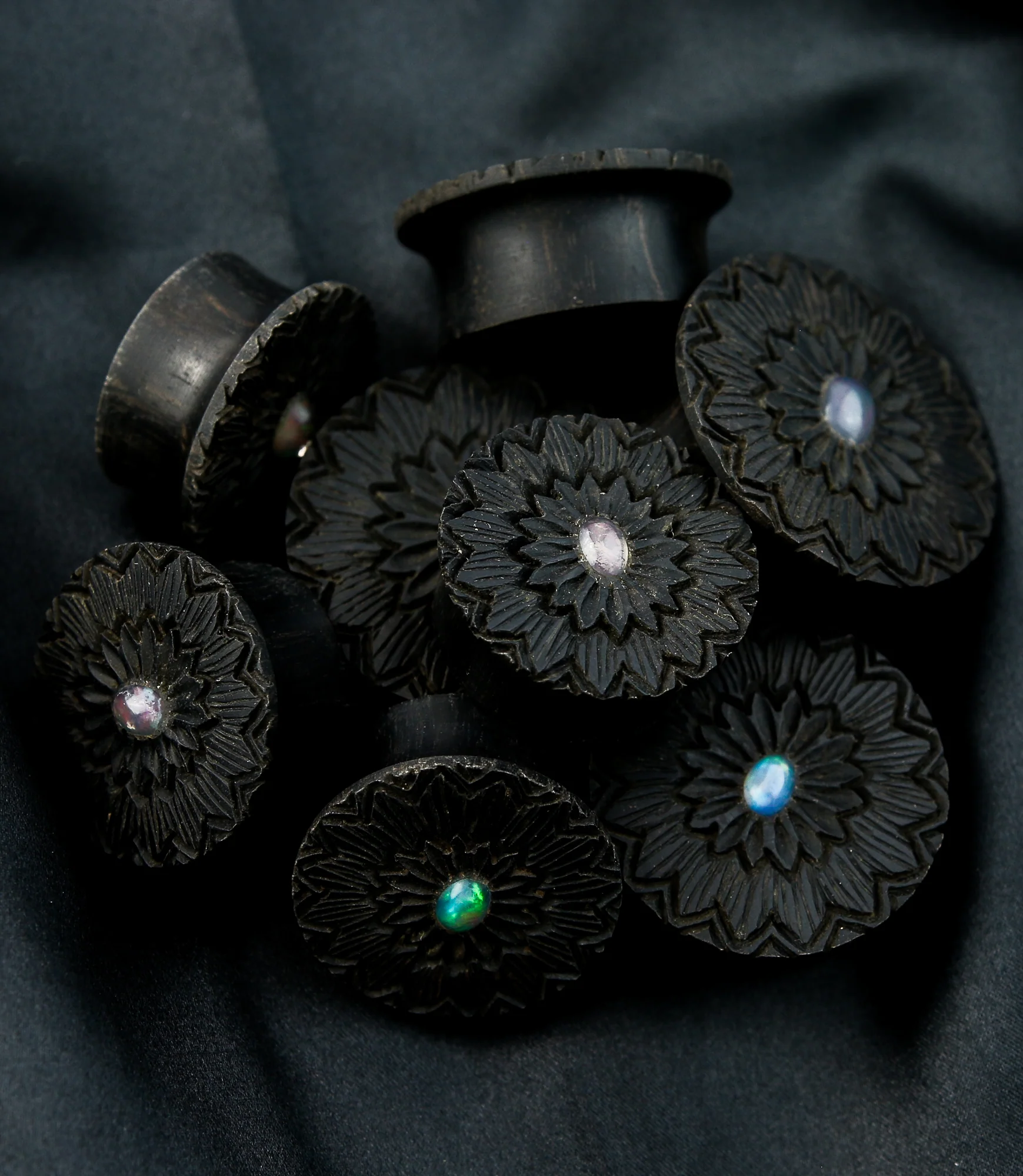 Etched Floral Areng Wood Mayan Flare Plugs With Opal Inlay - Mrs Treak