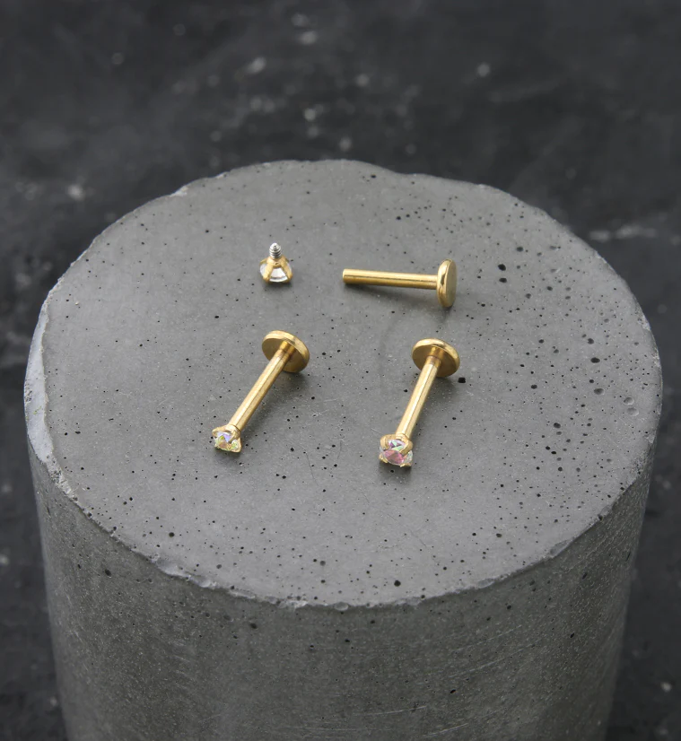 Gold PVD Rainbow Aurora Prong CZ Stainless Steel Internally Threaded Labret - Mrs Treak