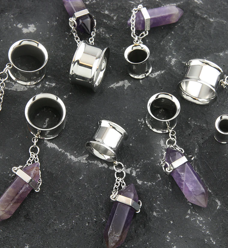 Amethyst Crystal Dangle Stainless Steel Tunnel Plugs - Mrs Treak