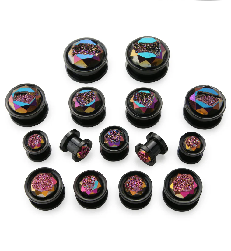 Black PVD Rainbow Druzy Stone Stainless Steel Screw Back Tunnels - Mrs Treak