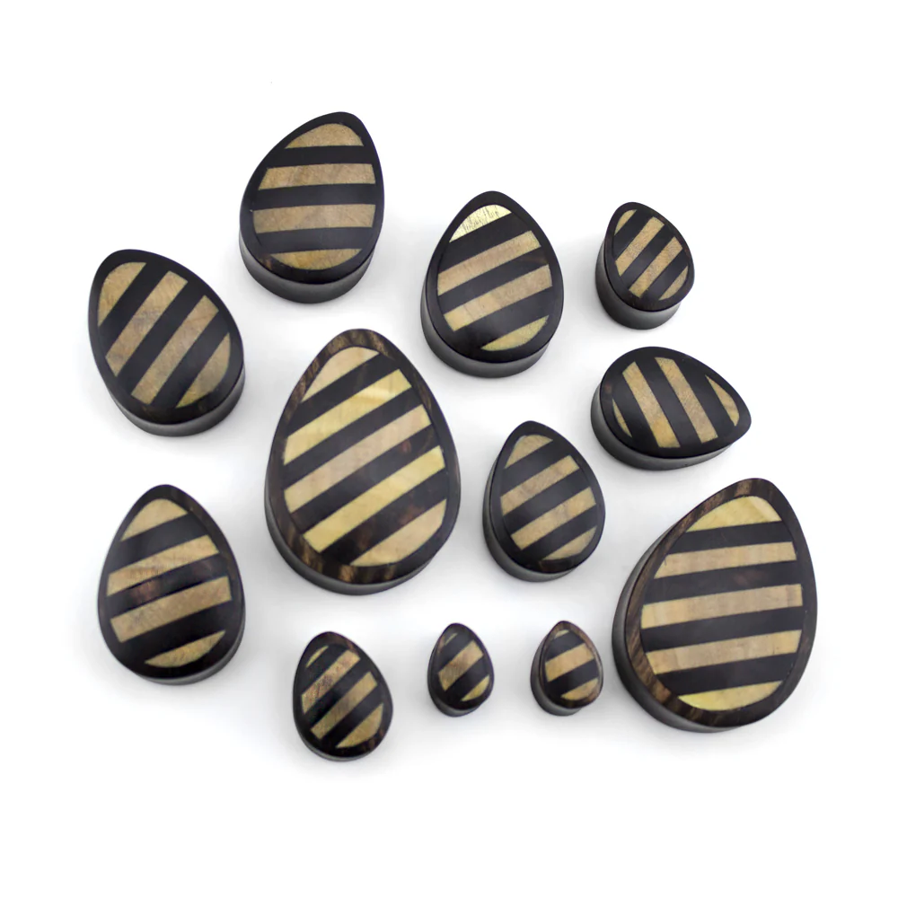 Areng Wooden Teardrop Plugs With Striped Inlay - Mrs Treak