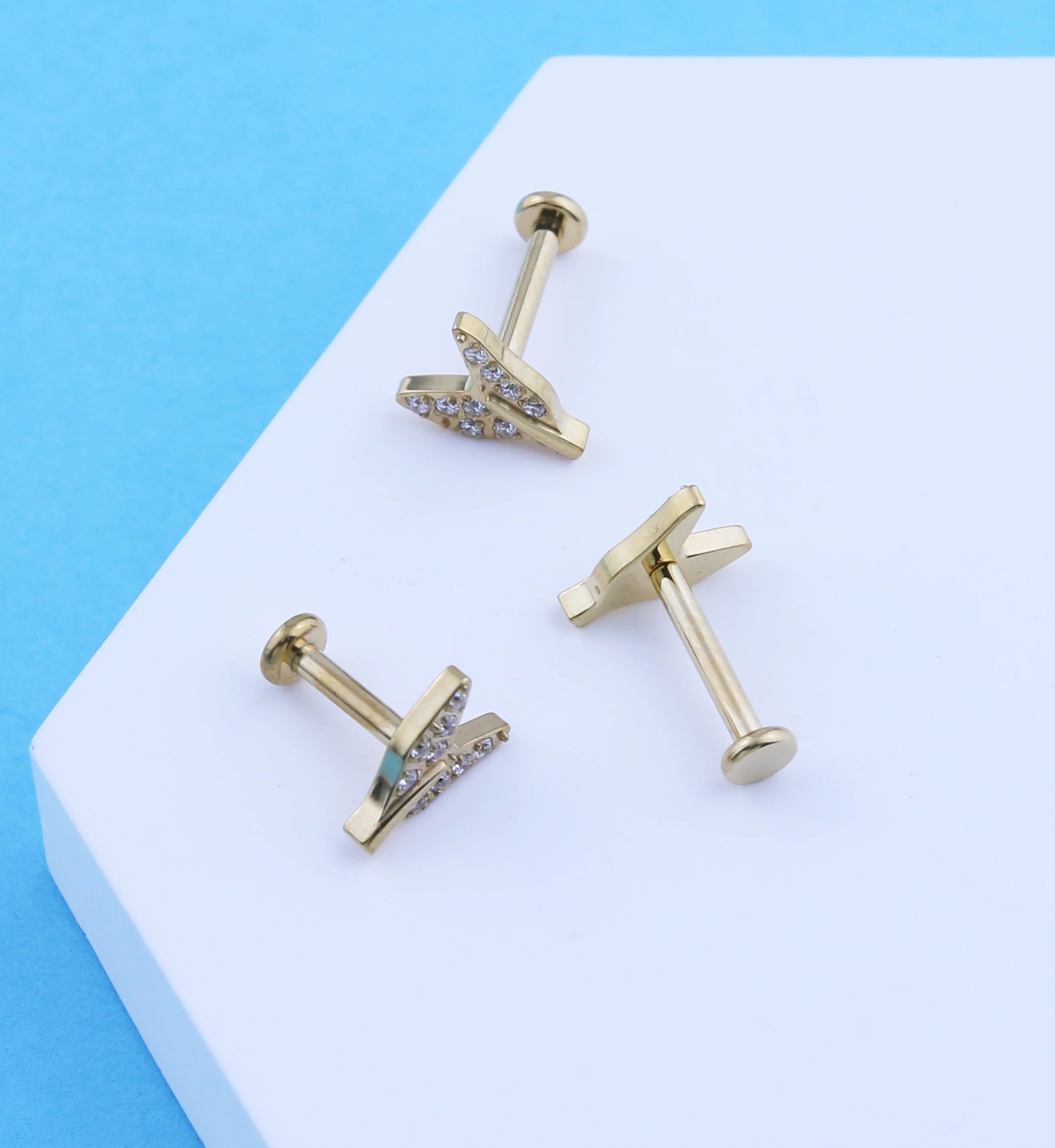 Gold PVD Tail Fin Clear CZ Internally Threaded Titanium Labret - Mrs Treak