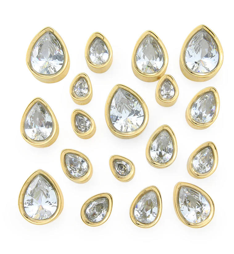 Gold PVD Teardrop Clear CZ Stainless Steel Tunnels - Mrs Treak