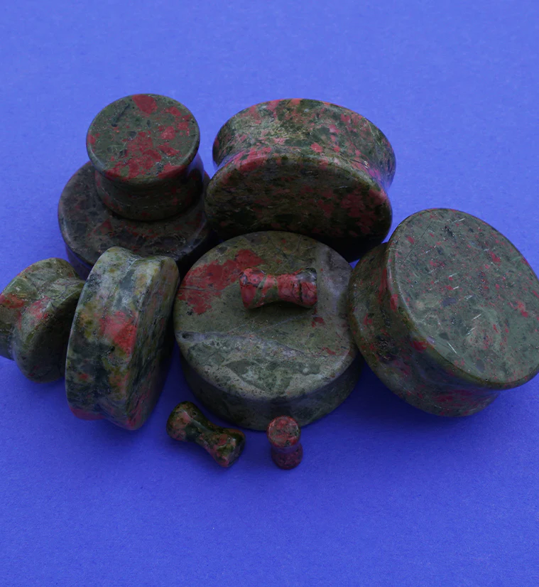 Double Flare Unakite Stone Plugs - Mrs Treak