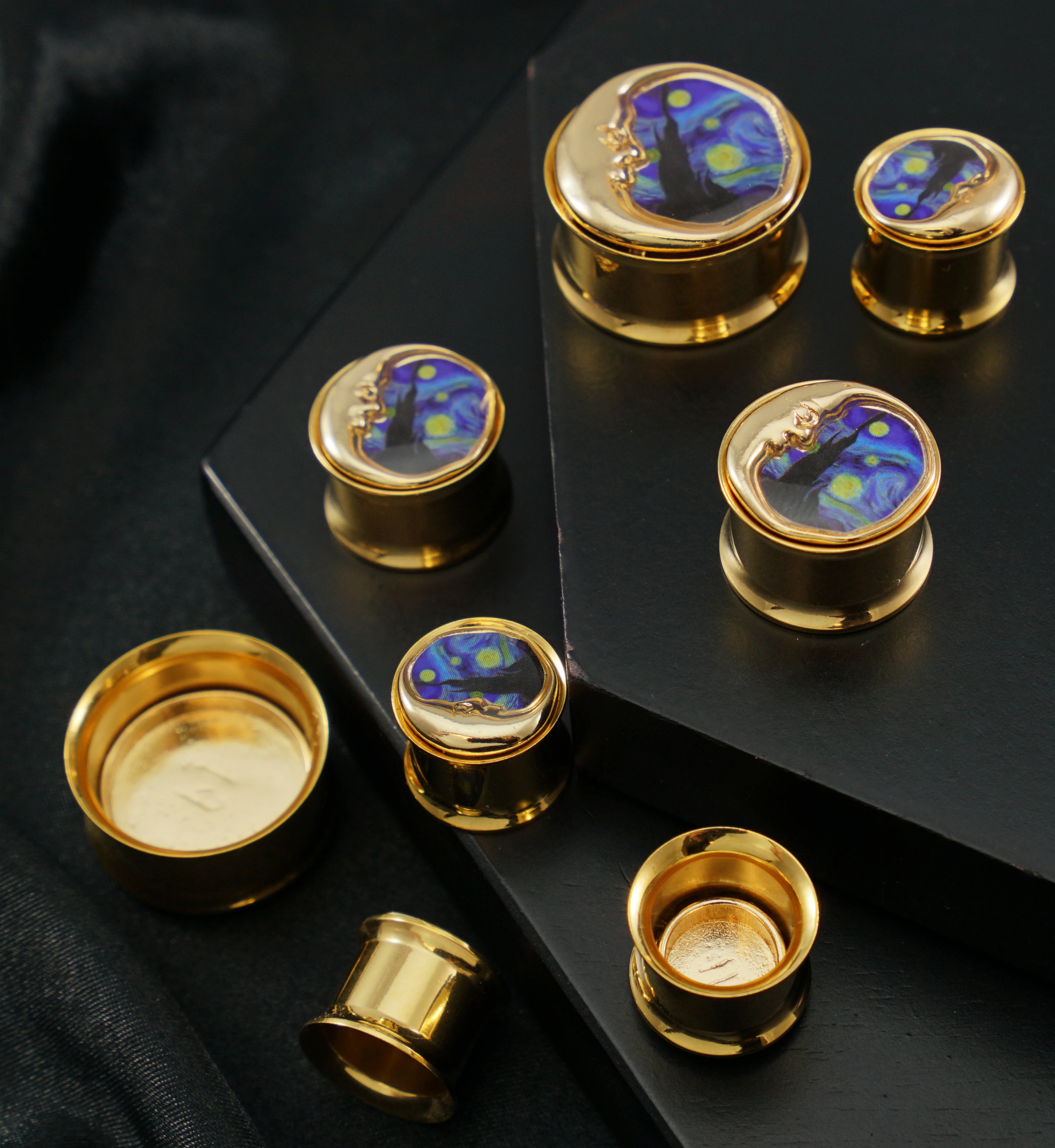 Gold PVD Starry Night Crescent Moon Stainless Steel Plugs - Mrs Treak