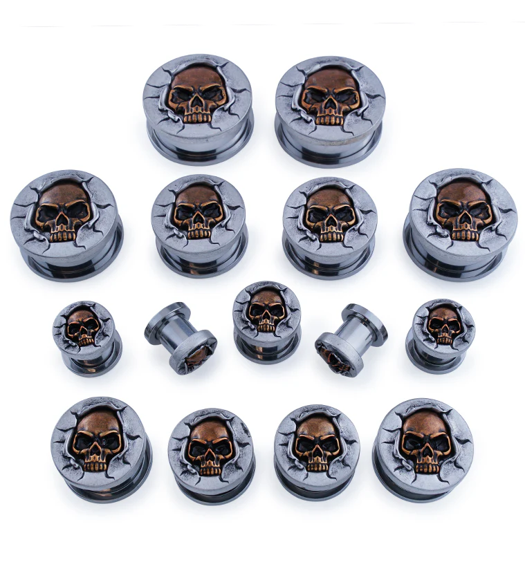 Brass Skull Stainless Steel Screw Back Plugs - Mrs Treak