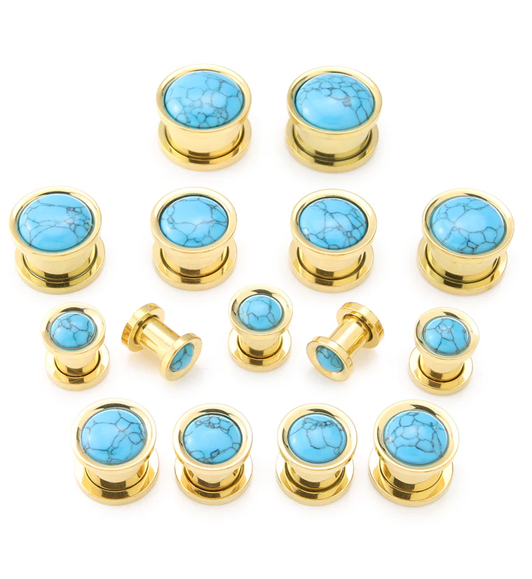 Gold PVD Howlite Turquoise Stone Stainless Steel Plugs - Mrs Treak