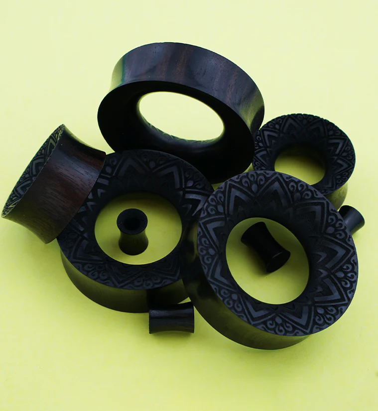 Etched Mandala Areng Wood Tunnel Plugs - Mrs Treak