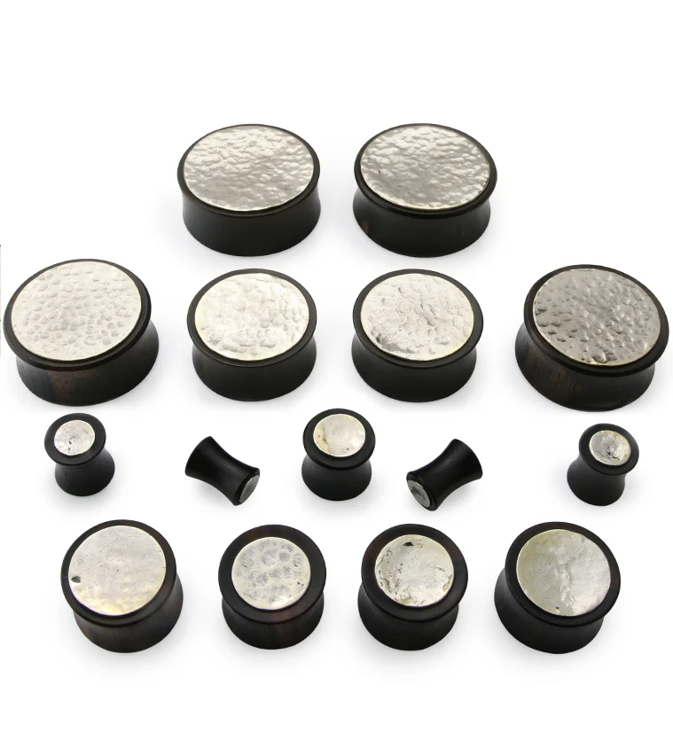 Hammered White Brass Inlay Areng Wood Plugs - Mrs Treak