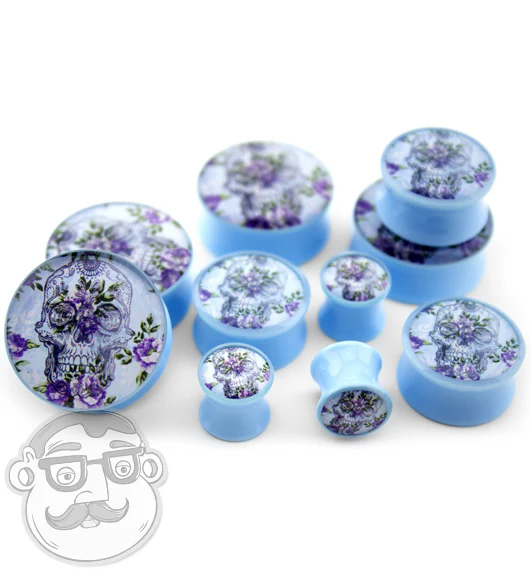 Floral Skull Light Blue Plugs - Mrs Treak