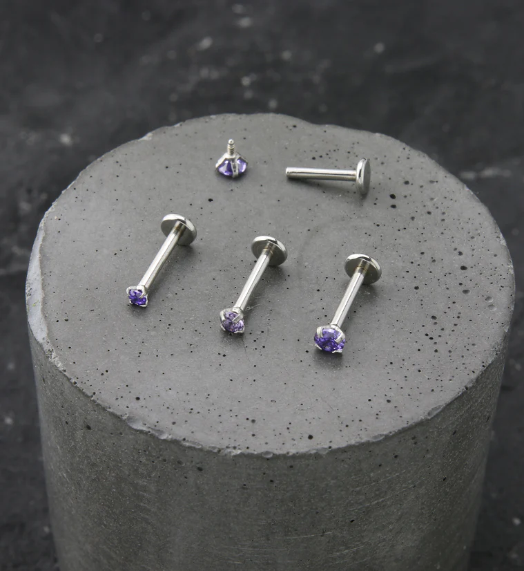Amethyst Prong CZ Stainless Steel Internally Threaded Labret - Mrs Treak