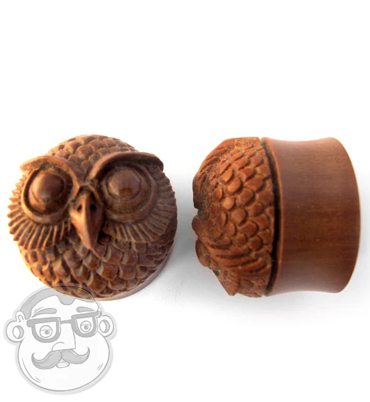 Carved Owl Wood Plugs - Mrs Treak