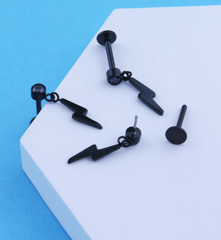 Black PVD Electric Bolt Dangle Black Aurora CZ Titanium Threadless Labret - Mrs Treak