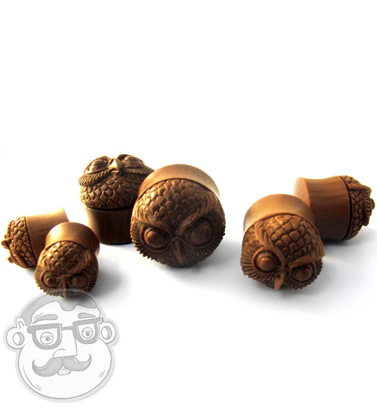 Carved Owl Wood Plugs - Mrs Treak