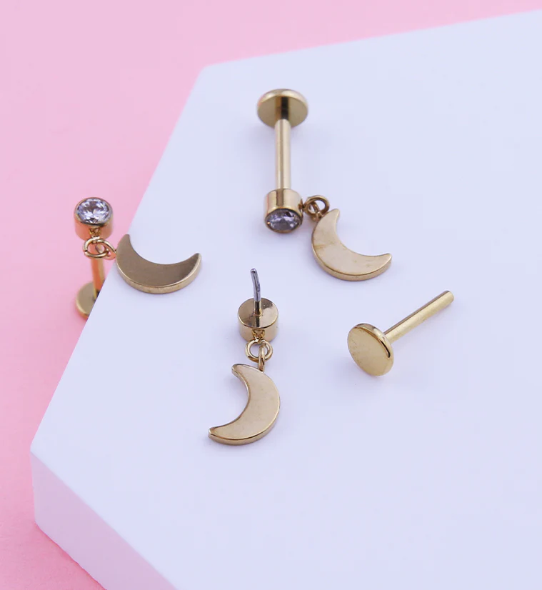 Gold PVD Half Moon Dangle Clear CZ Titanium Threadless Labret - Mrs Treak