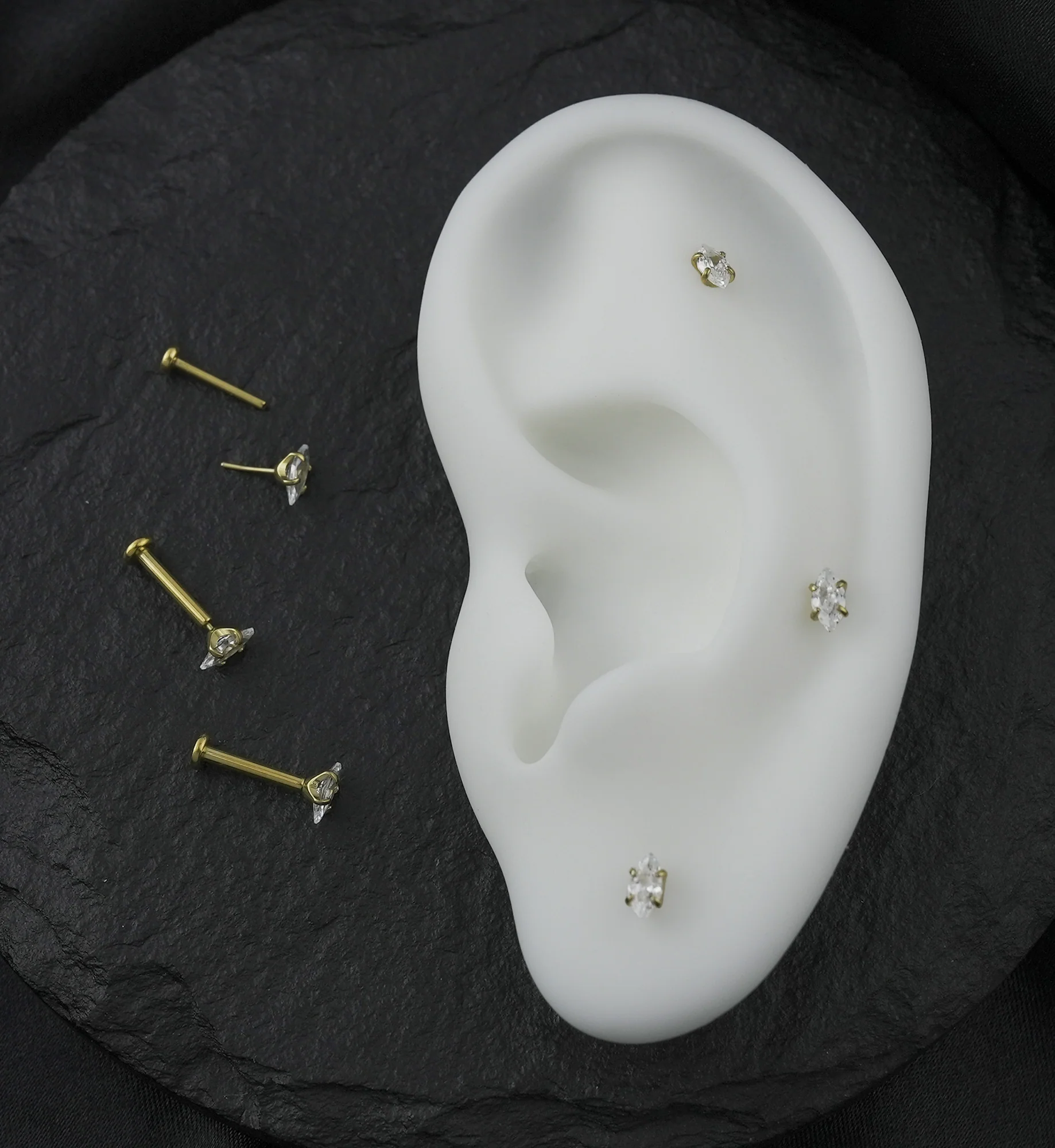 Gold PVD Prong Marquise Clear CZ Threadless Titanium Flat Disk Labret - Mrs Treak