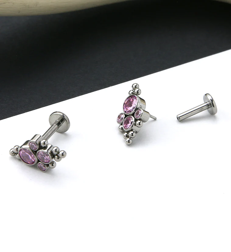 16G Beaded Array Pink CZ Titanium Threadless Labret - Mrs Treak
