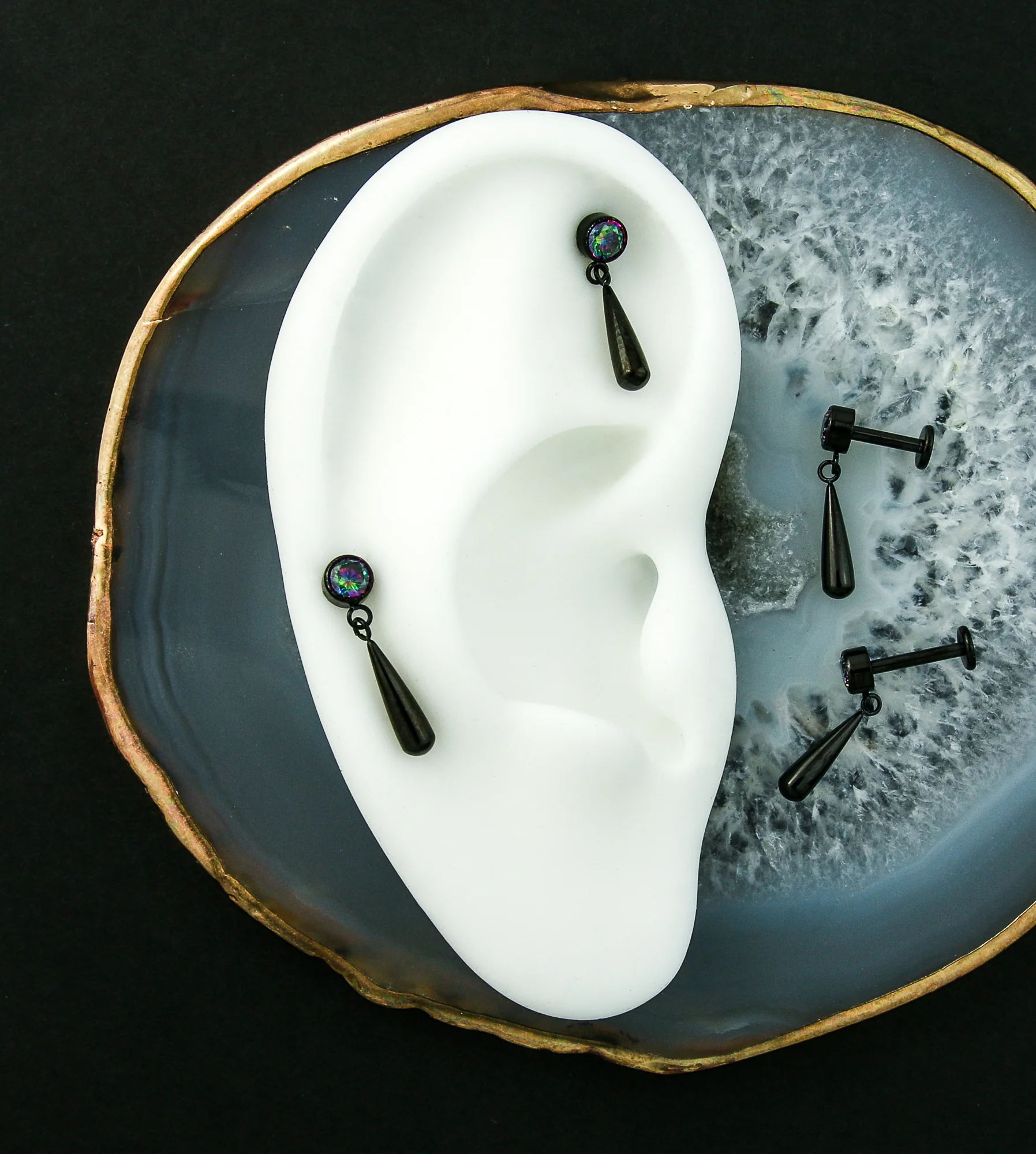 Black PVD Black Aurora CZ Dangle Teardrop Internally Threaded Titanium Labret - Mrs Treak