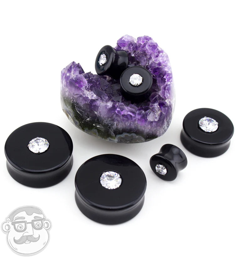 Obsidian Stone Plugs with CZ Inlay - Mrs Treak