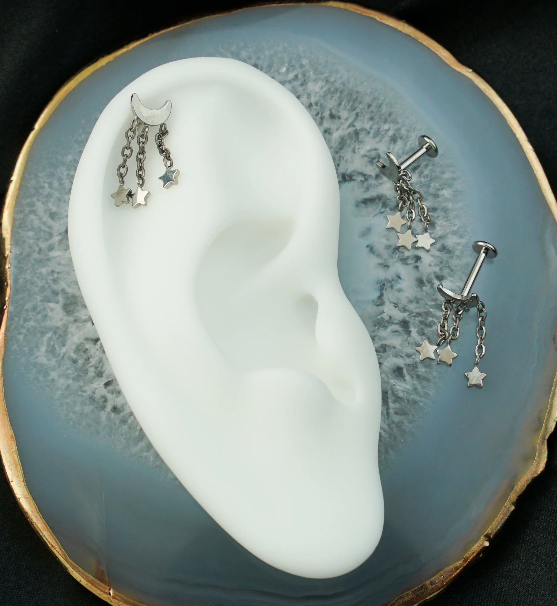 Half Moon Triple Dangle Star Internally Threaded Titanium Labret - Mrs Treak