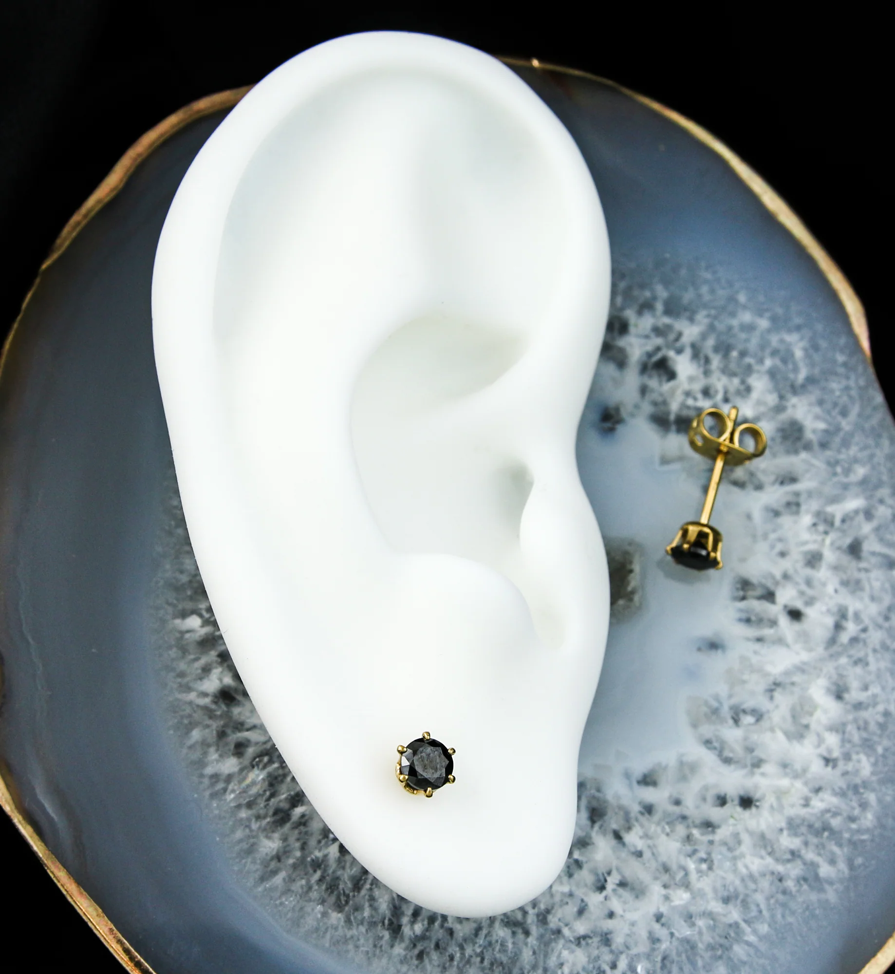 24kt Gold PVD Black CZ Prong Titanium Earrings - Mrs Treak