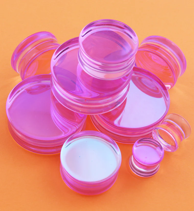 Pink Iridescent Glass Double Flare Plugs - Mrs Treak