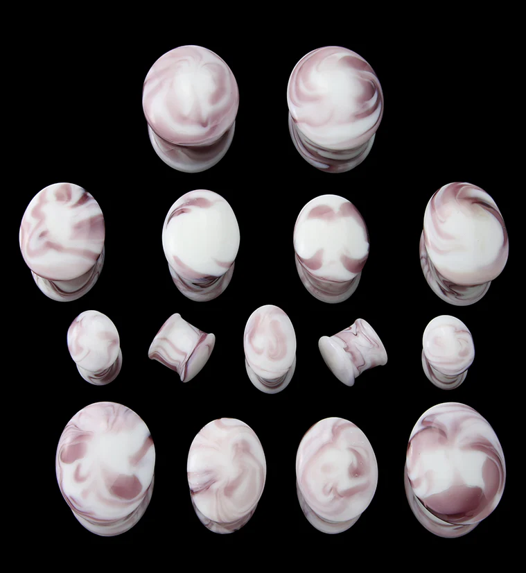 Oval Hazy Purple White Glass Double Flare Plugs - Mrs Treak