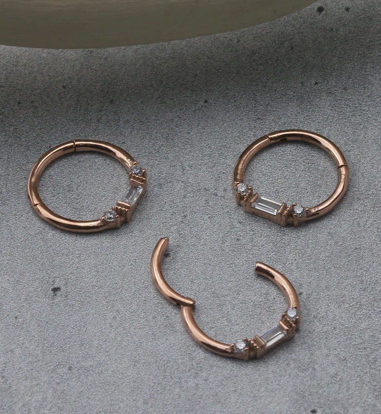 Rose Gold PVD Round & Baguette CZ Beaded Hinged Segment Ring - Mrs Treak