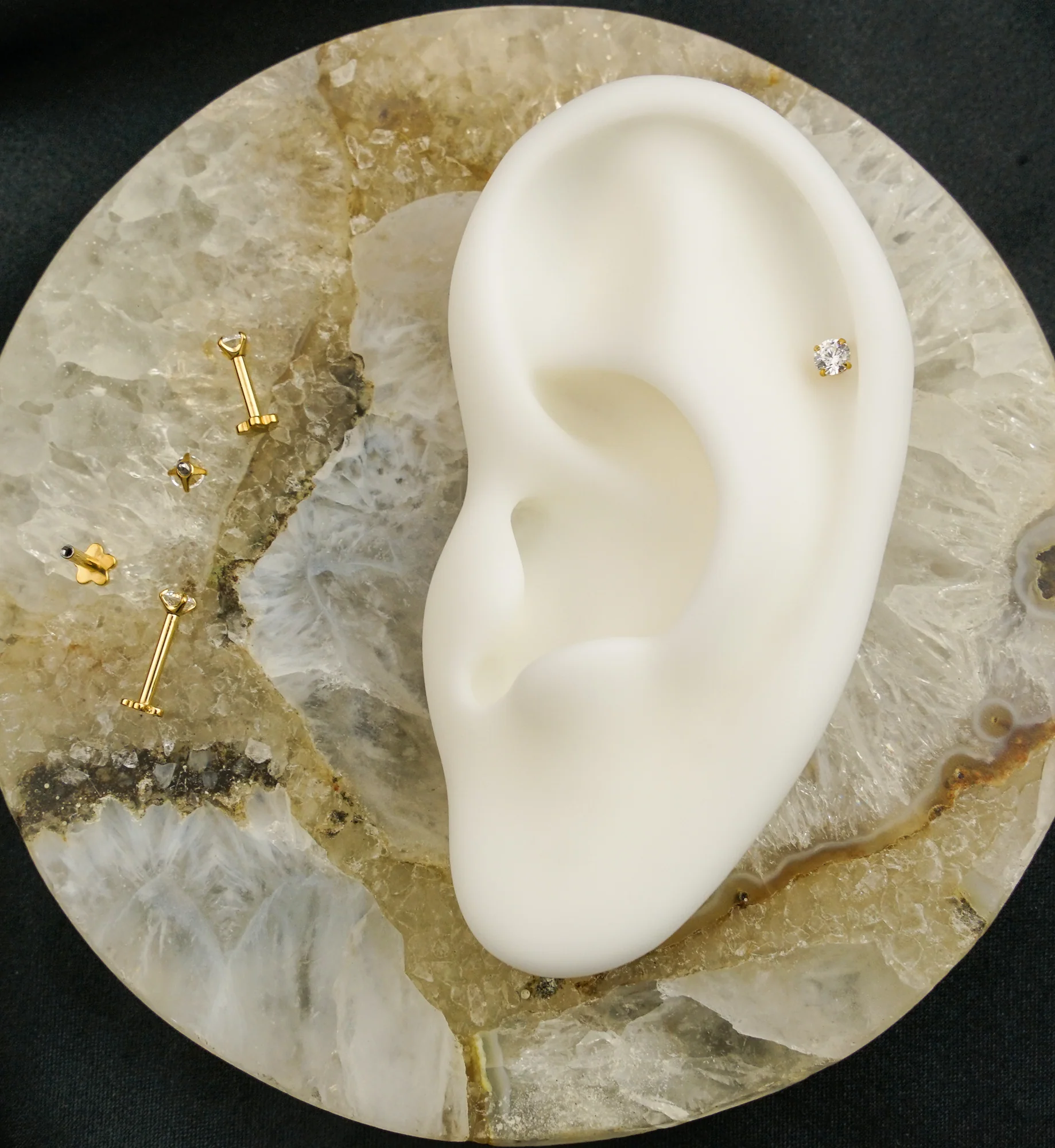 Gold PVD Prong Clear CZ Internally Threaded Titanium Flower Back Labret - Mrs Treak