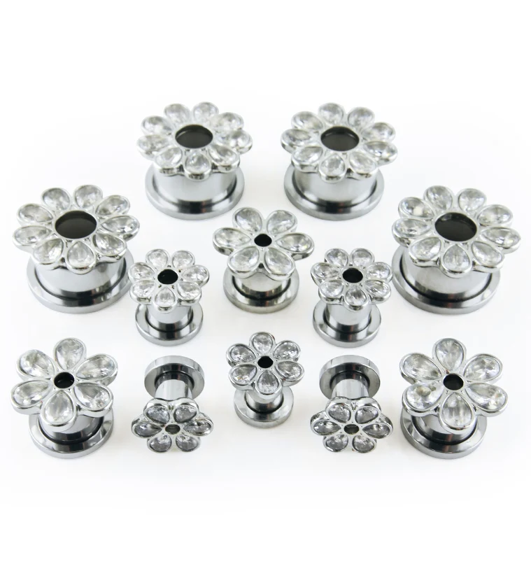 Clear CZ Flower Petal Stainless Steel Tunnels - Mrs Treak