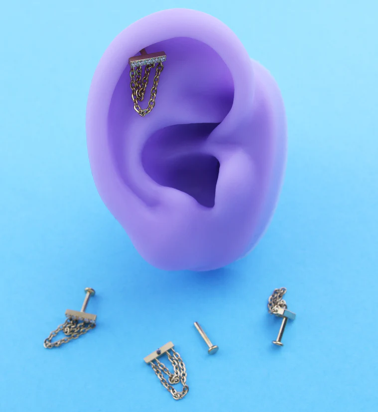 Gold PVD Bar Clear CZ Double Dangle Chain Titanium Internally Threaded Labret - Mrs Treak